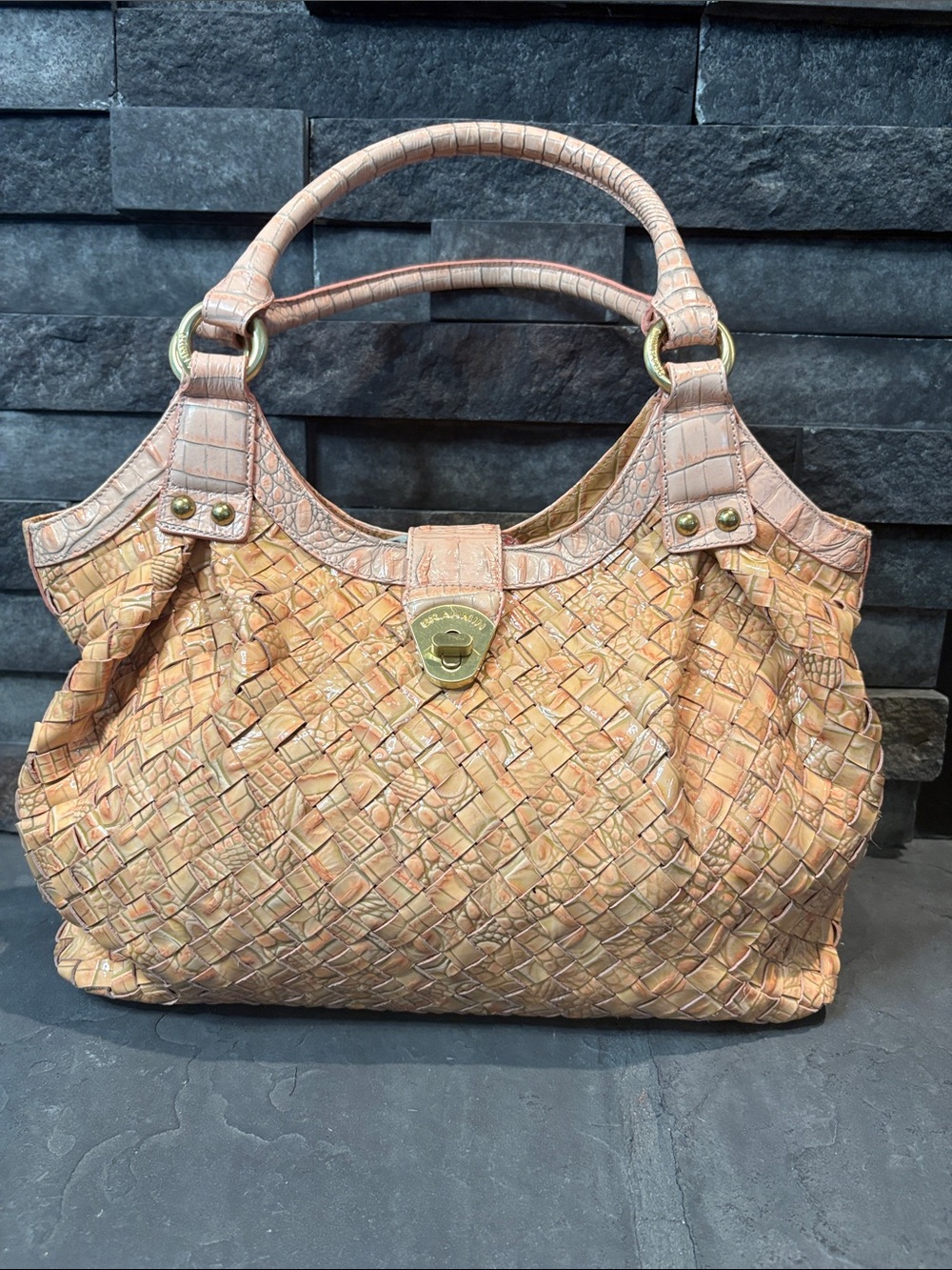 Brahmin Miele Woven Peach-Tone Croc-Embossed Leather Tote